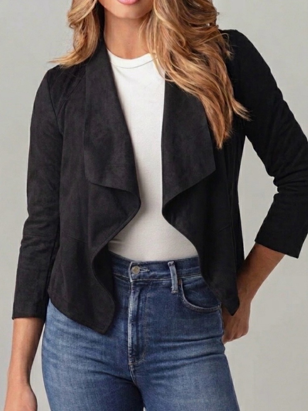 Shinestar Black Faux Suede Blazer Jacket Open Front Draped Waterfall S Gorpcore